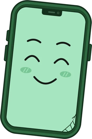 Buzz, a cartoon phone with a dark green case and a happy face on its mint green screen.